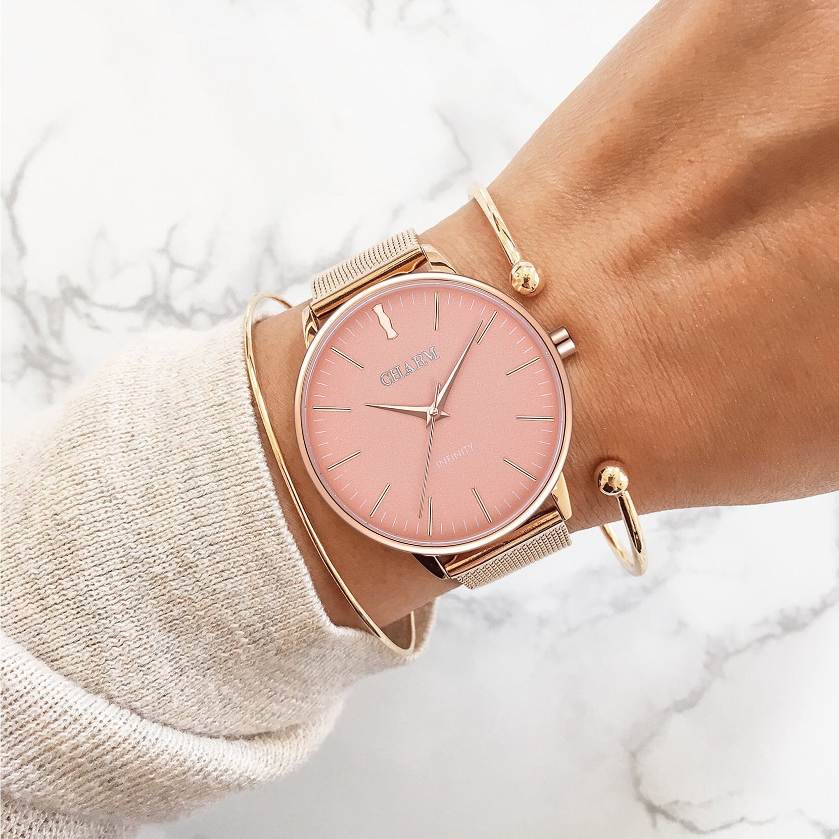 Set Cadou : Ceas Infinity Flora Grey + Curea din otel inoxidabil Rose Gold