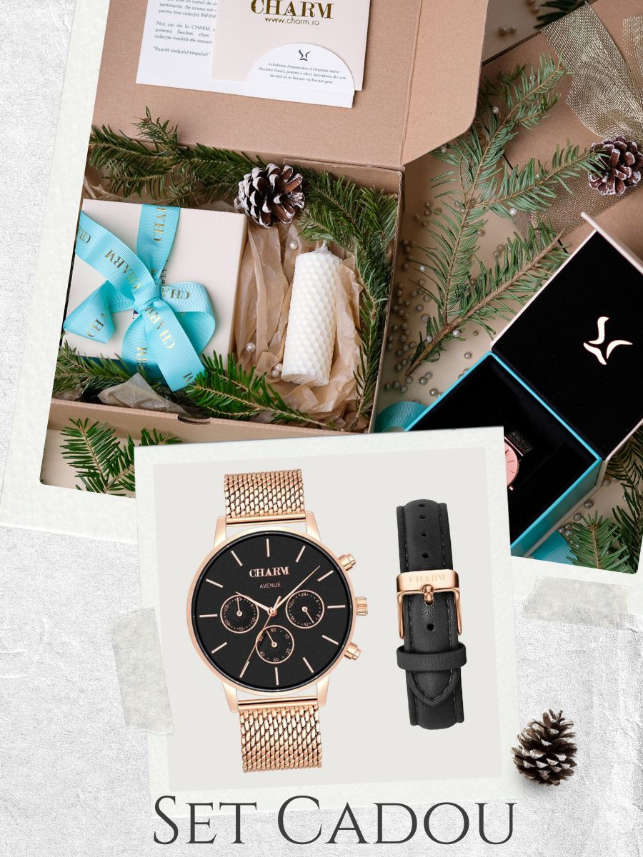 Set Cadou: Ceas Avenue Dorobanti Rose Gold + Curea de piele Neagra