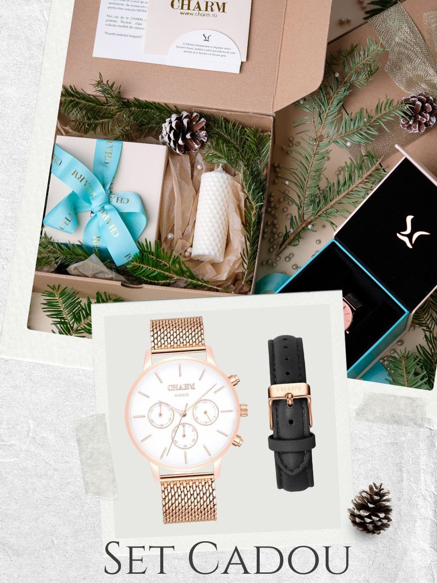 Set Cadou : Ceas Avenue Victoriei Rose Gold + Curea de piele Neagra