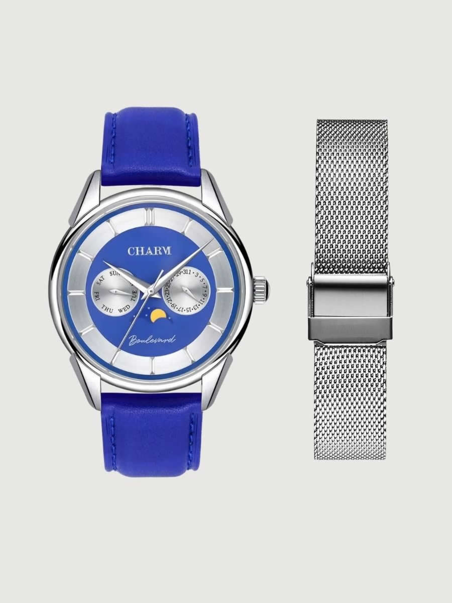 Set Unisex: Ceas Boulevard Aviatorilor Blue + Curea din otel inoxidabil Argintie