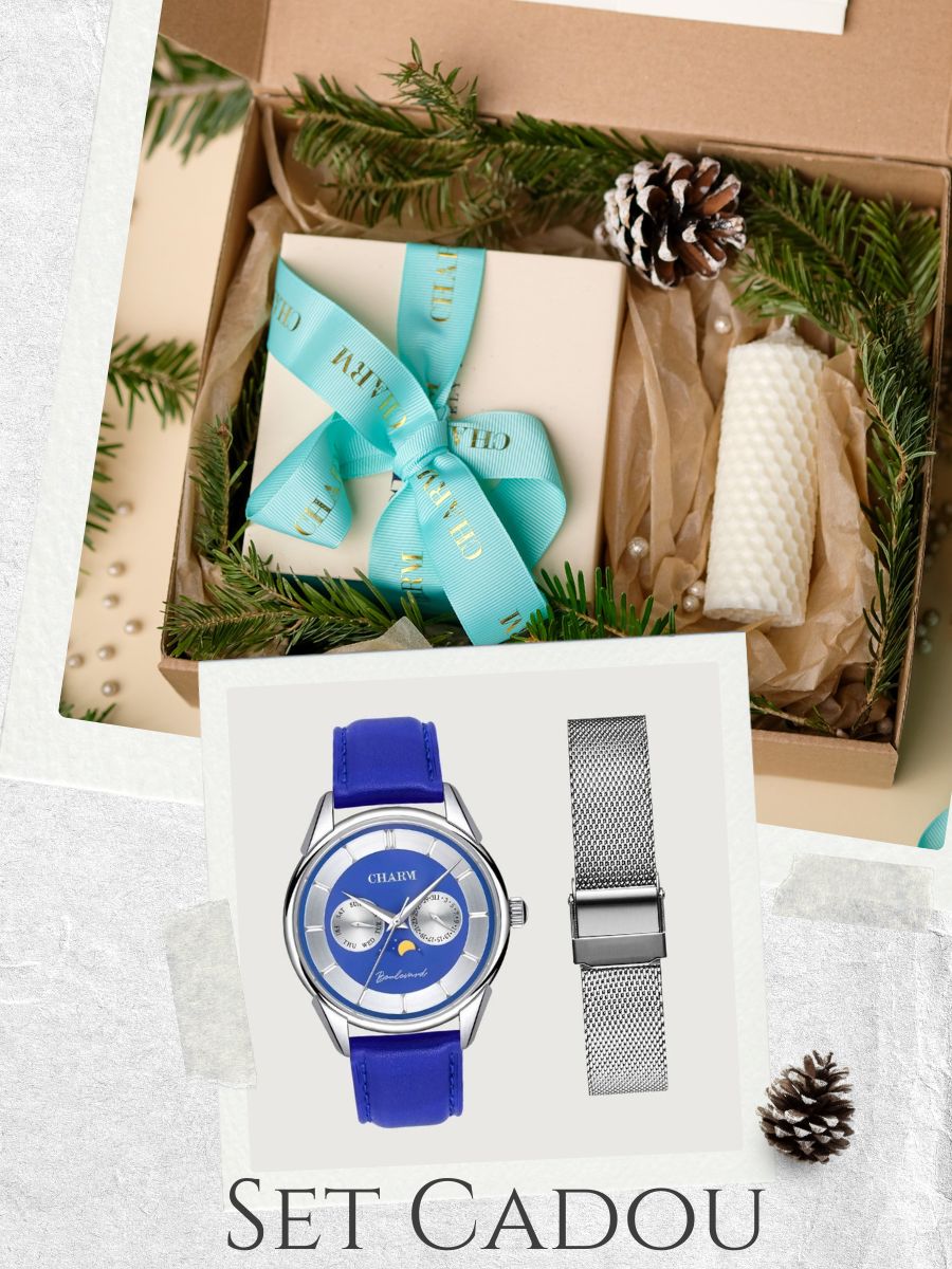 Set Unisex: Ceas Boulevard Aviatorilor Blue + Curea din otel inoxidabil Argintie