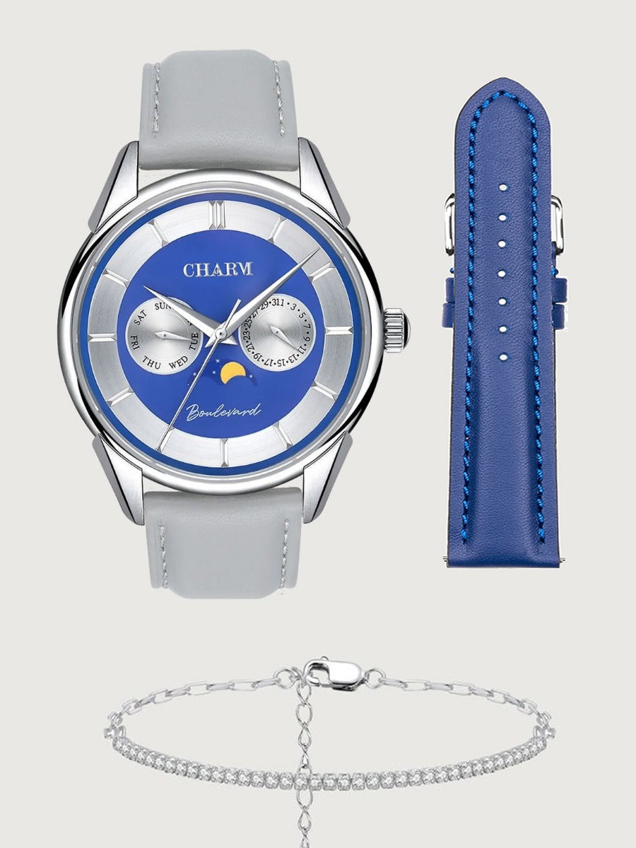 Set Unisex: Ceas Boulevard Aviatorilor Grey + Curea de piele Albastra