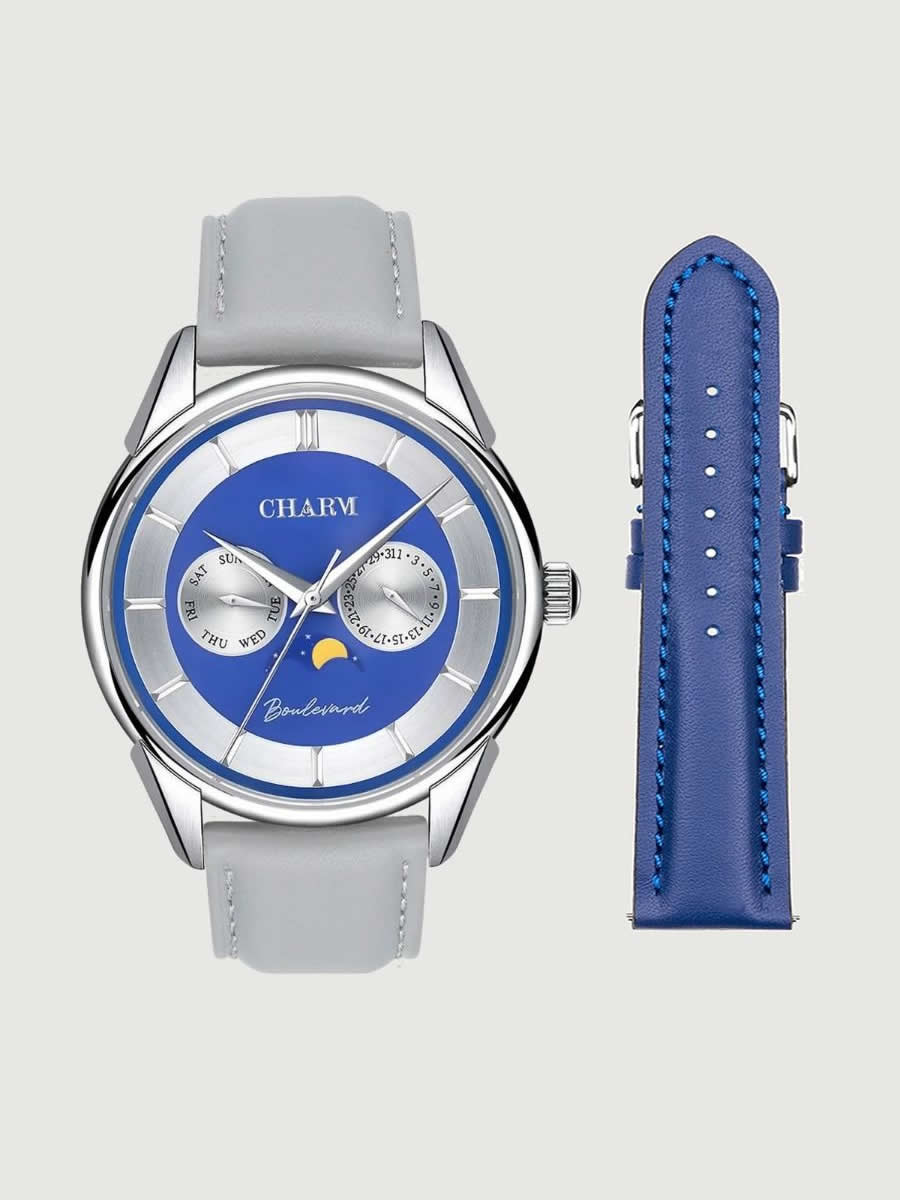 Set Unisex: Ceas Boulevard Aviatorilor Grey + Curea de piele Albastra