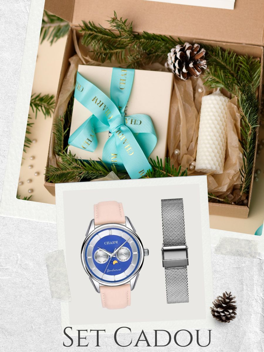 Set Unisex: Ceas Boulevard Aviatorilor Nude Rose + Curea din otel inoxidabil Argintie