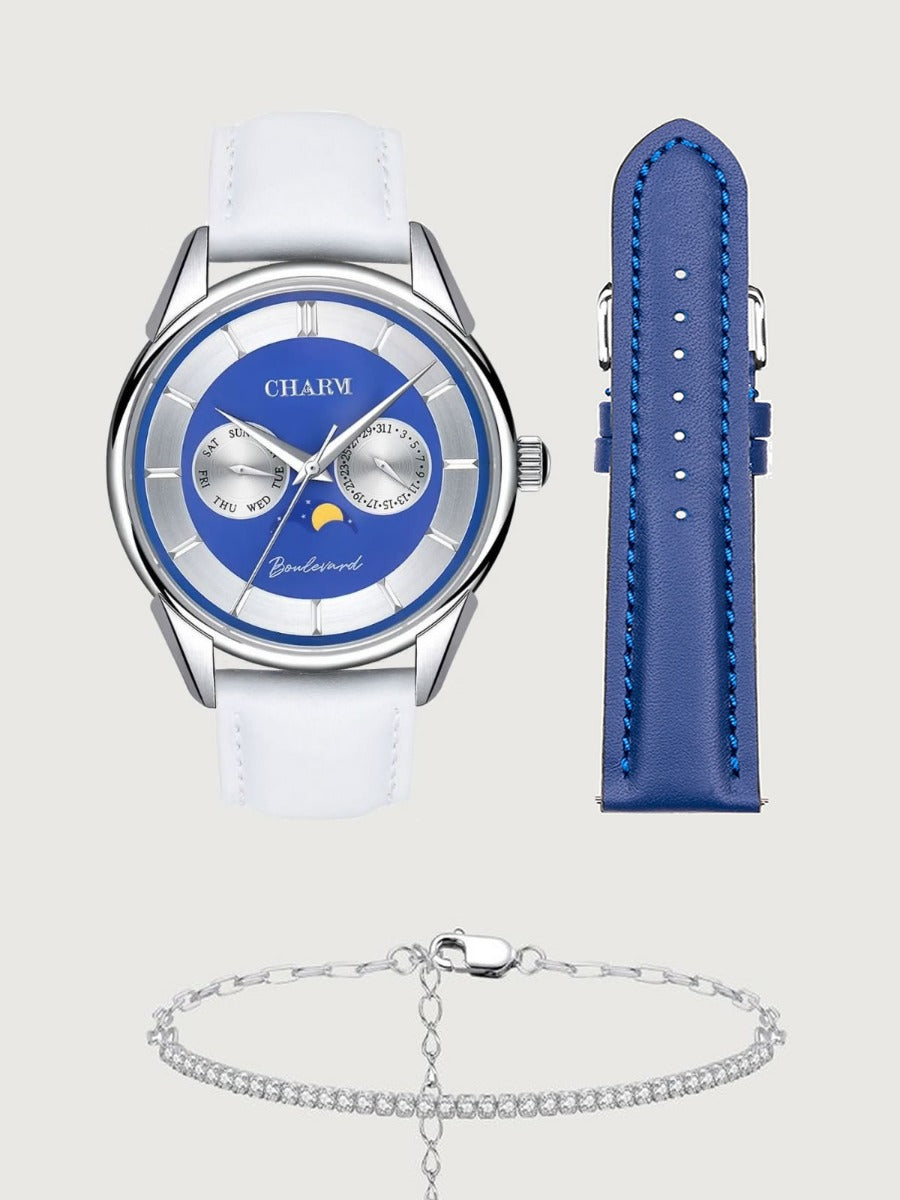 Set Unisex: Ceas Boulevard Aviatorilor White + Curea de piele Albastra