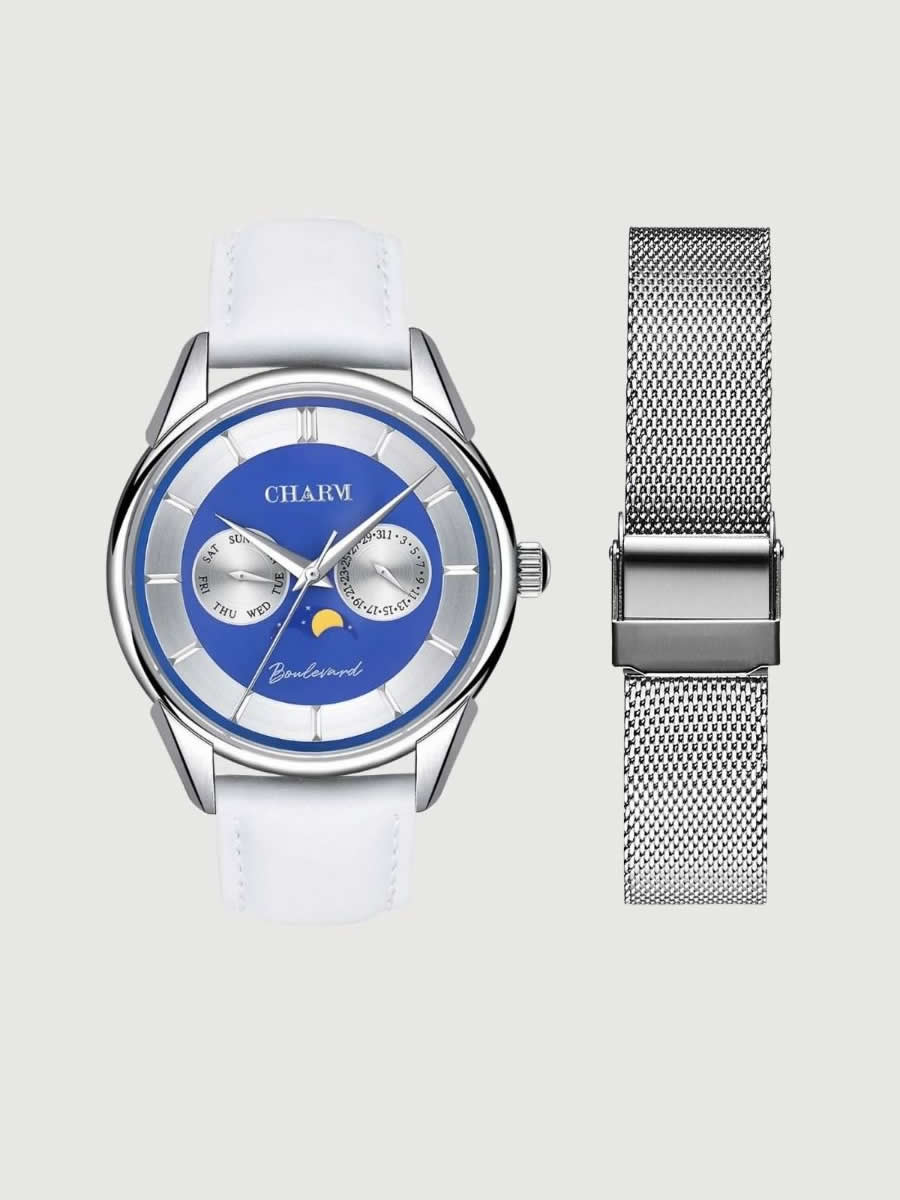 Set Unisex: Ceas Boulevard Aviatorilor White + Curea din otel inoxidabil Argintie