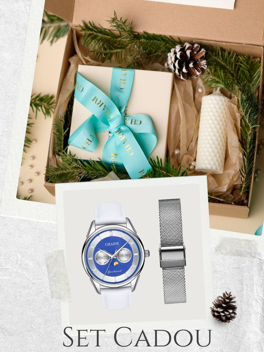 Set Unisex: Ceas Boulevard Aviatorilor White + Curea din otel inoxidabil Argintie