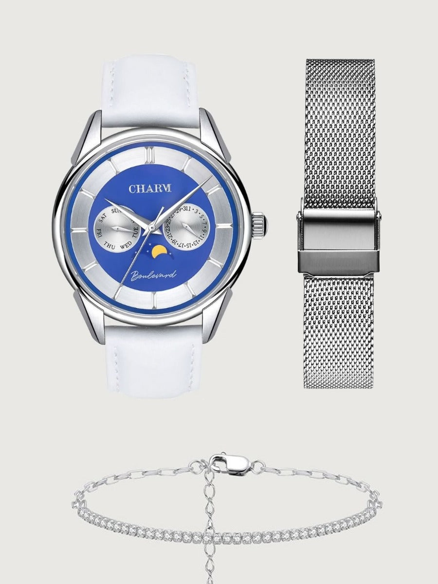 Set Unisex: Ceas Boulevard Aviatorilor White + Curea din otel inoxidabil Argintie