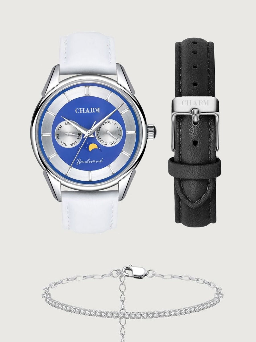Set Unisex Cadou : Ceas Boulevard Aviatorilor White + Curea de piele Neagra