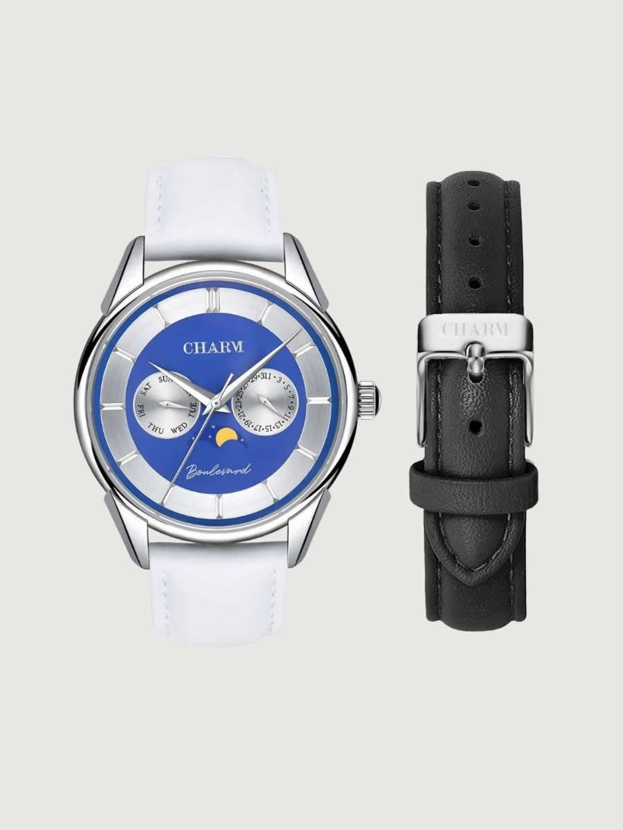 Set Unisex Cadou : Ceas Boulevard Aviatorilor White + Curea de piele Neagra