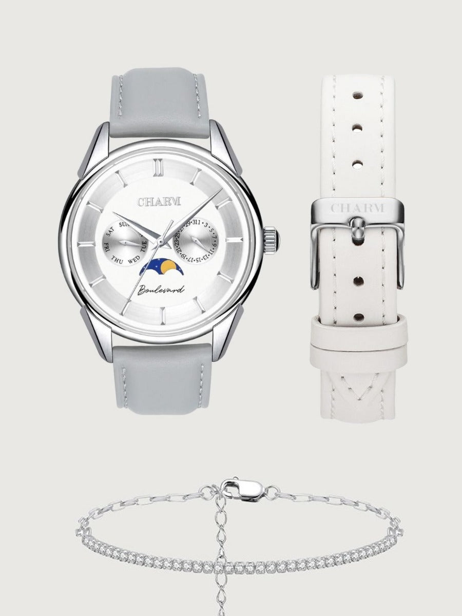 Set Unisex Cadou: Ceas Boulevard Kiseleff Grey + Curea de piele Alba