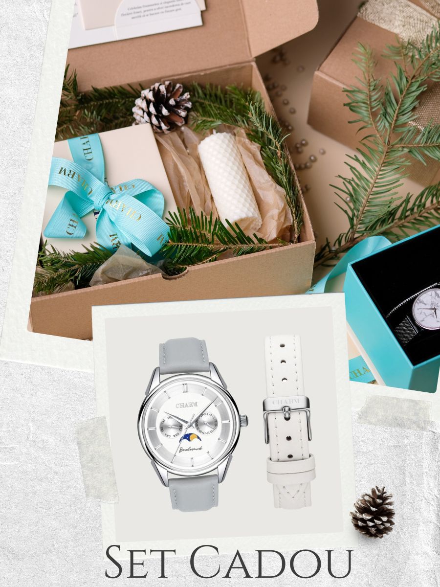 Set Unisex Cadou: Ceas Boulevard Kiseleff Grey + Curea de piele Alba