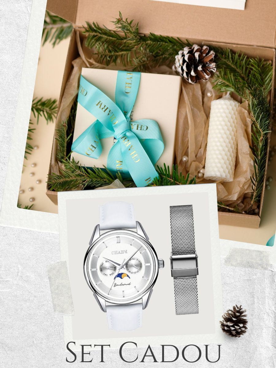Set Unisex Cadou: Ceas Boulevard Kiseleff White + Curea din otel inoxidabil Argintie