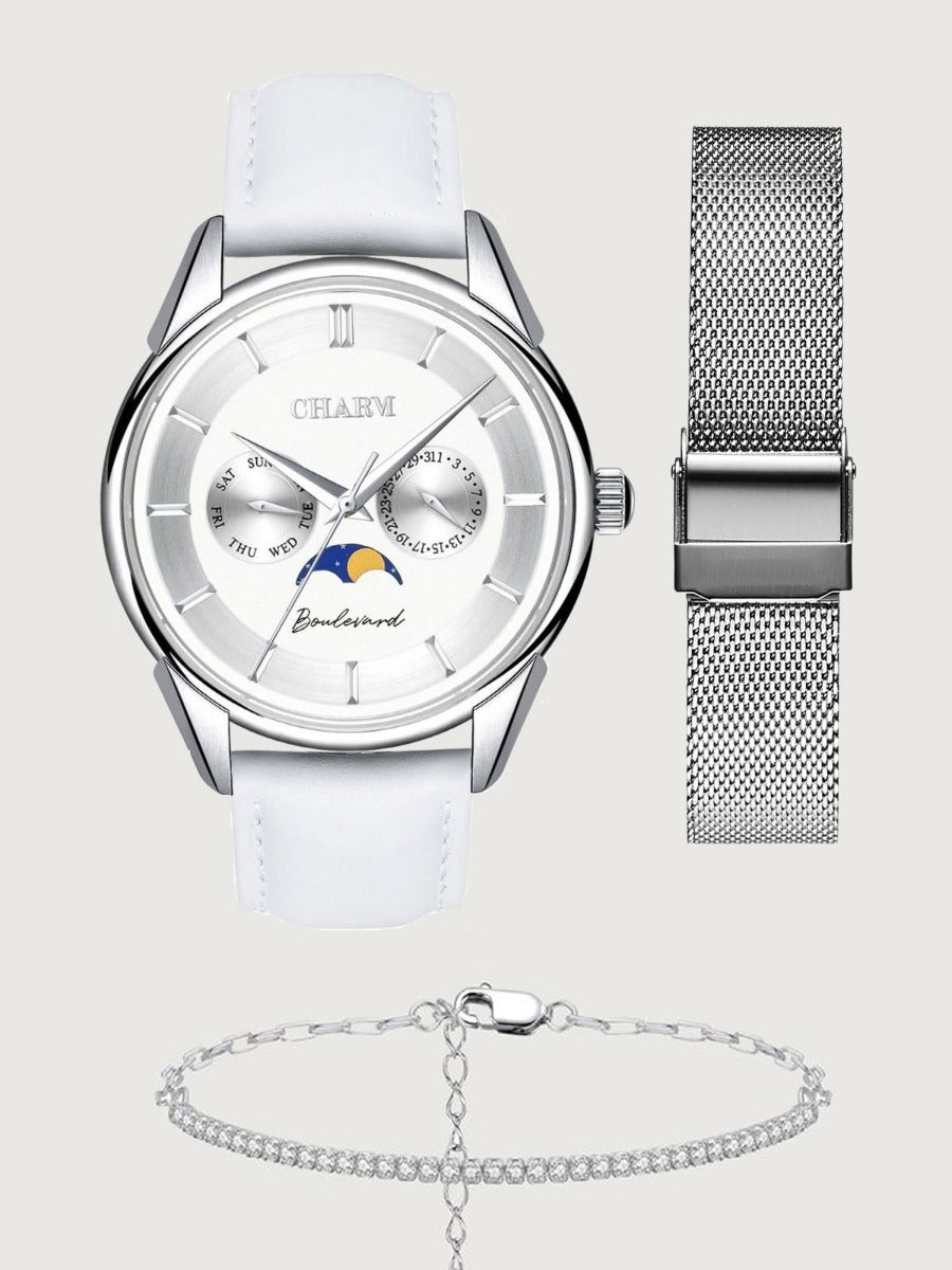 Set Unisex Cadou: Ceas Boulevard Kiseleff White + Curea din otel inoxidabil Argintie