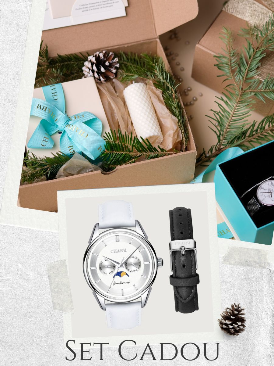 Set Unisex Cadou : Ceas Boulevard Kiseleff White + Curea de piele Neagra