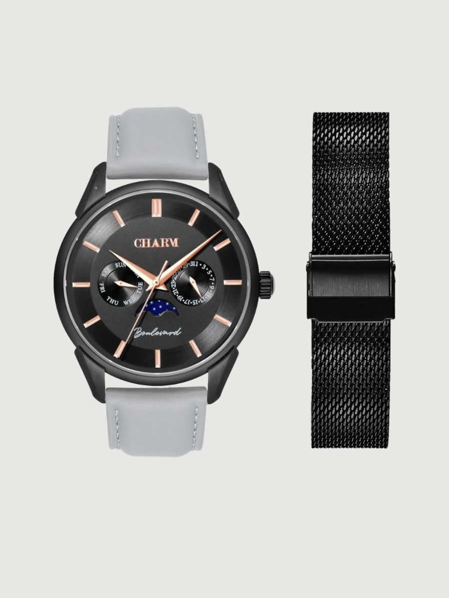 Set Unisex: Ceas Boulevard Decebal Grey + Curea din otel inoxidabil Neagra