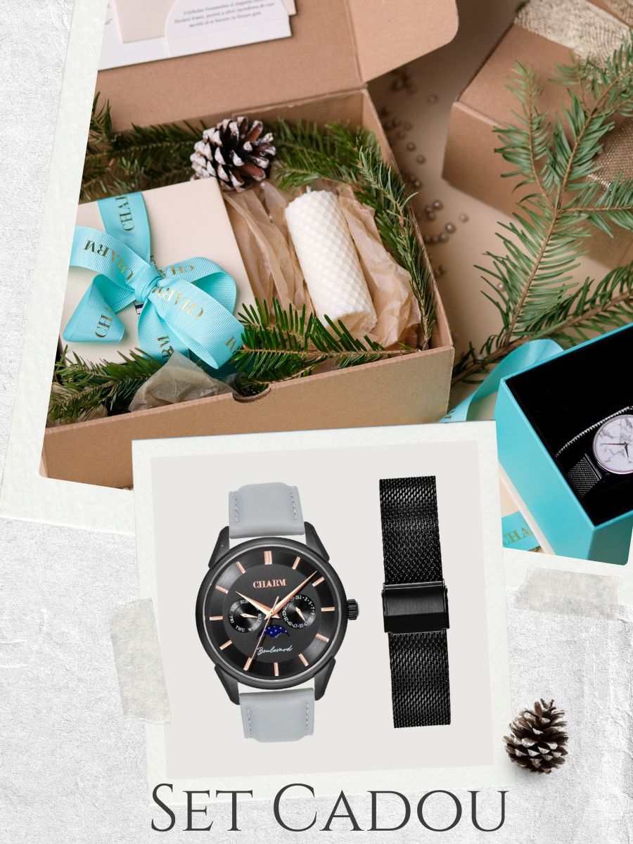 Set Unisex: Ceas Boulevard Decebal Grey + Curea din otel inoxidabil Neagra