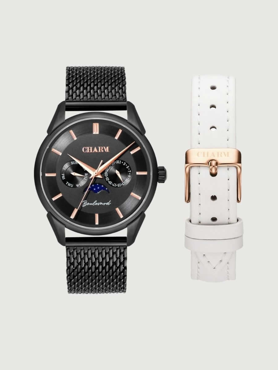 Set Unisex: Ceas Boulevard Decebal Metal Black + Curea de piele Alba