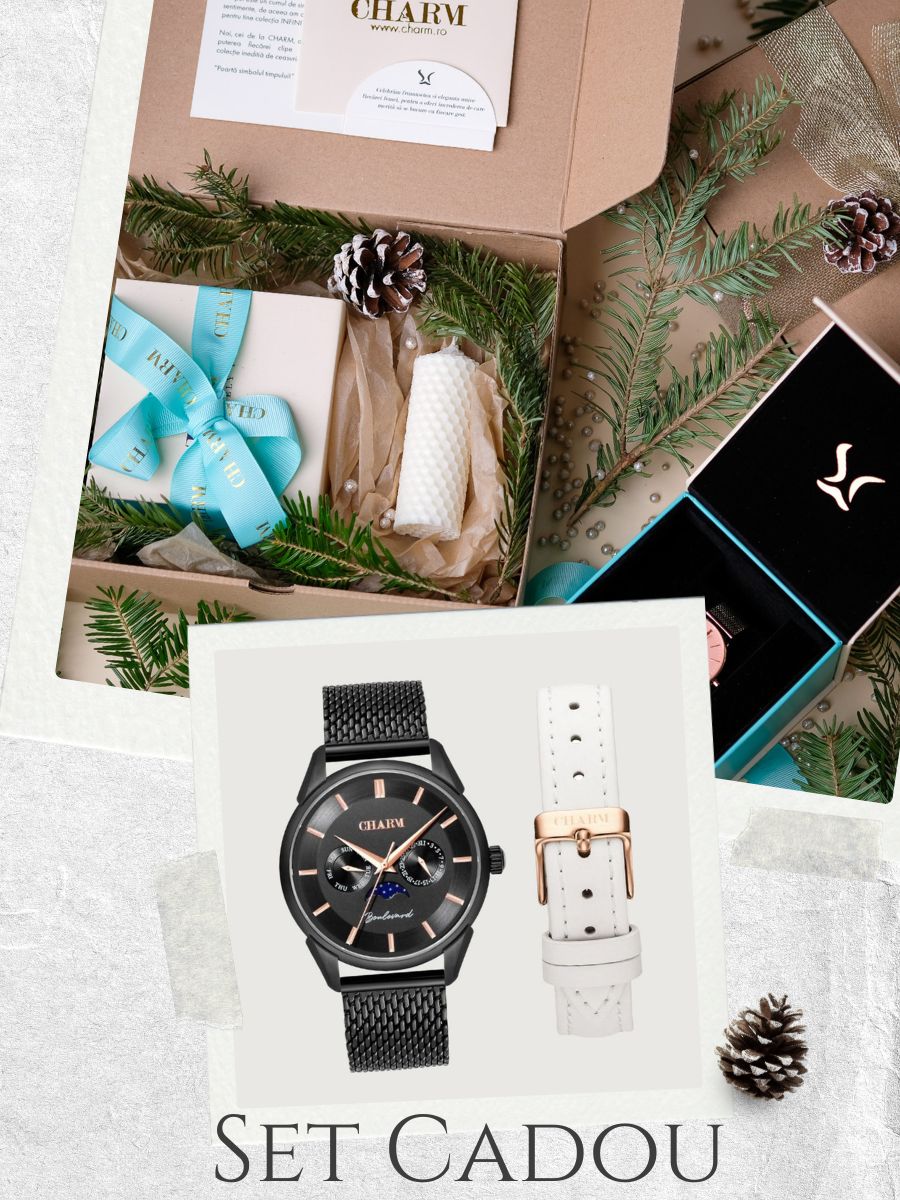 Set Unisex: Ceas Boulevard Decebal Metal Black + Curea de piele Alba