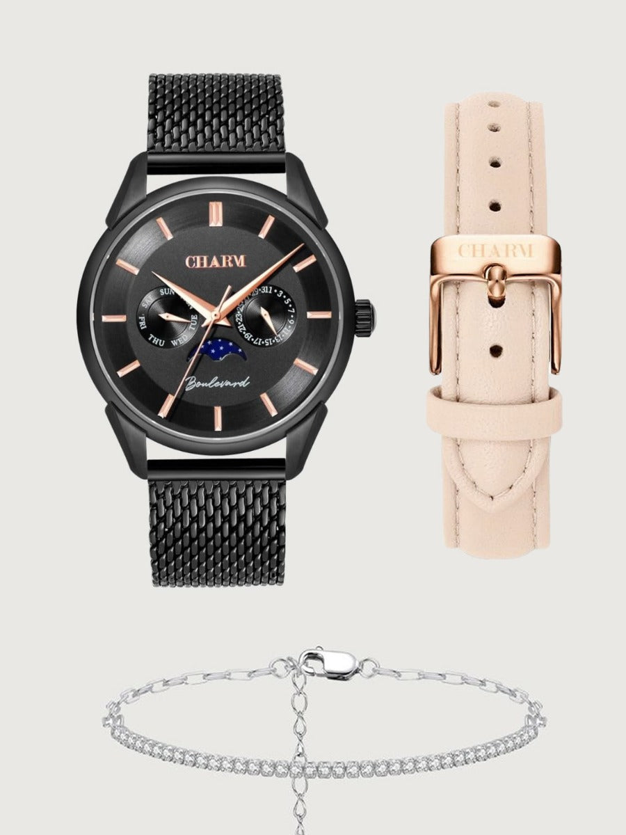 Set Unisex: Ceas Boulevard Decebal Metal Black + Curea de piele Nuderose