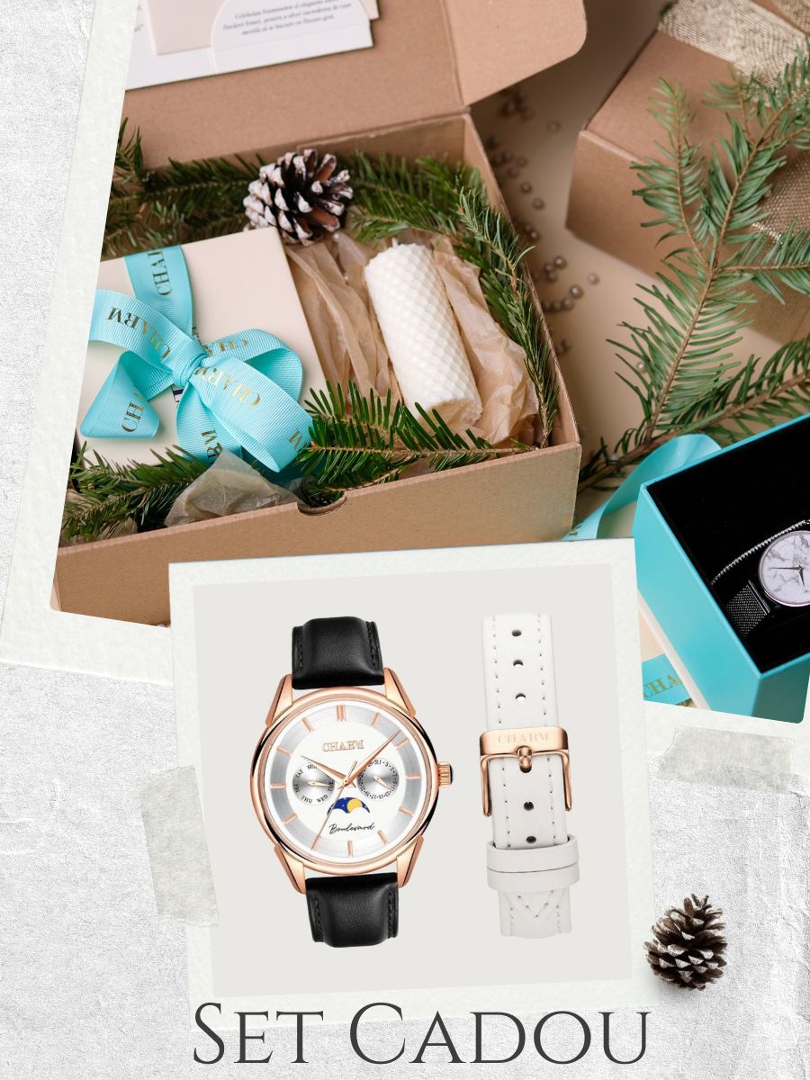 Set Unisex: Ceas Boulevard Unirii Black + Curea de piele Alba