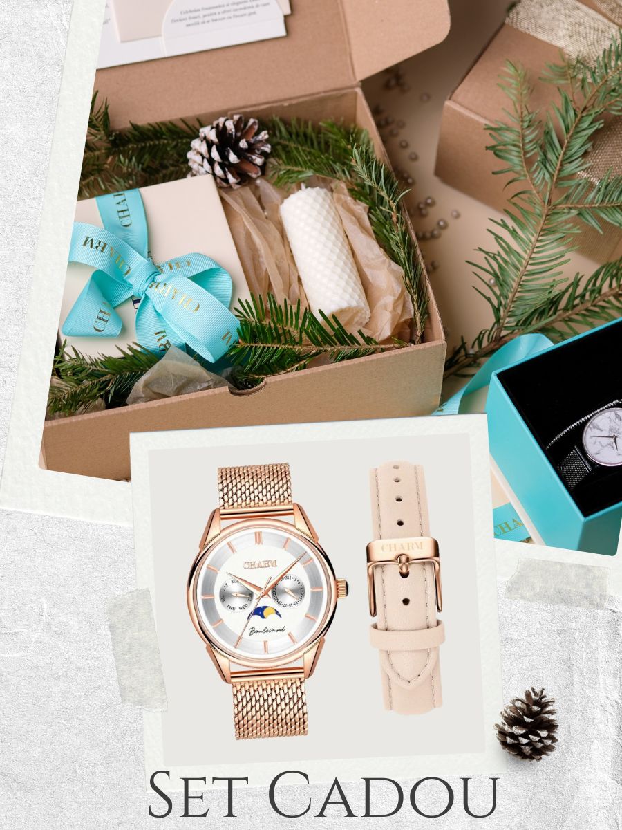Set Unisex: Ceas Boulevard Unirii Rose Gold + Curea de piele Nuderose