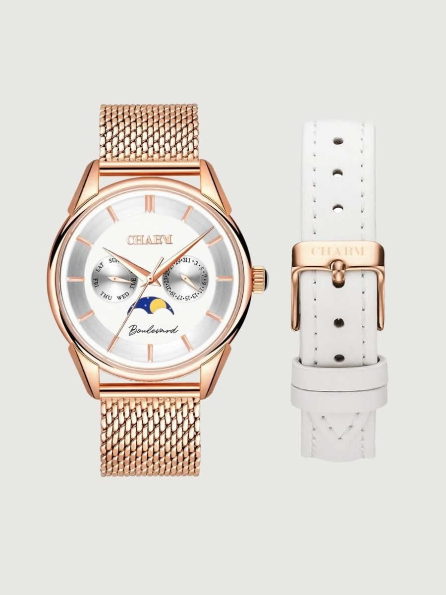 Set Unisex: Ceas Boulevard Unirii Rose Gold + Curea de piele Alba