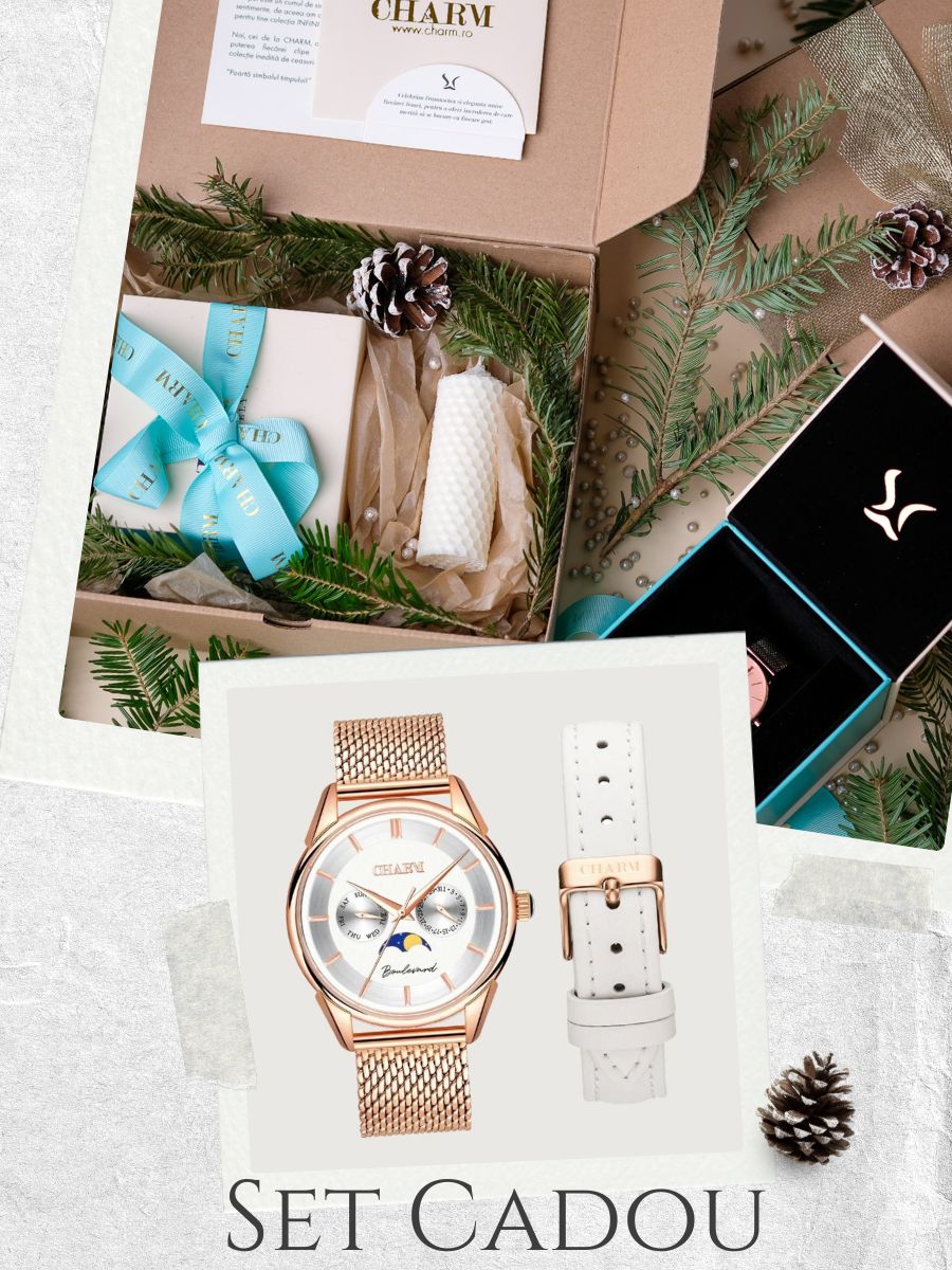 Set Unisex: Ceas Boulevard Unirii Rose Gold + Curea de piele Alba