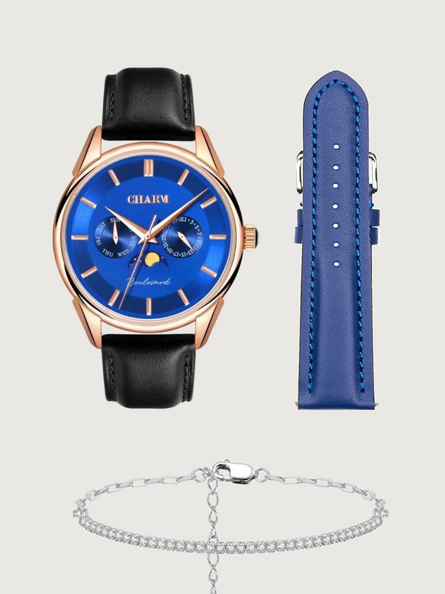 Set Unisex: Ceas Boulevard Primaverii Black + Curea de piele Albastra