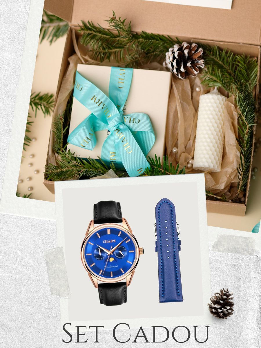 Set Unisex: Ceas Boulevard Primaverii Black + Curea de piele Albastra