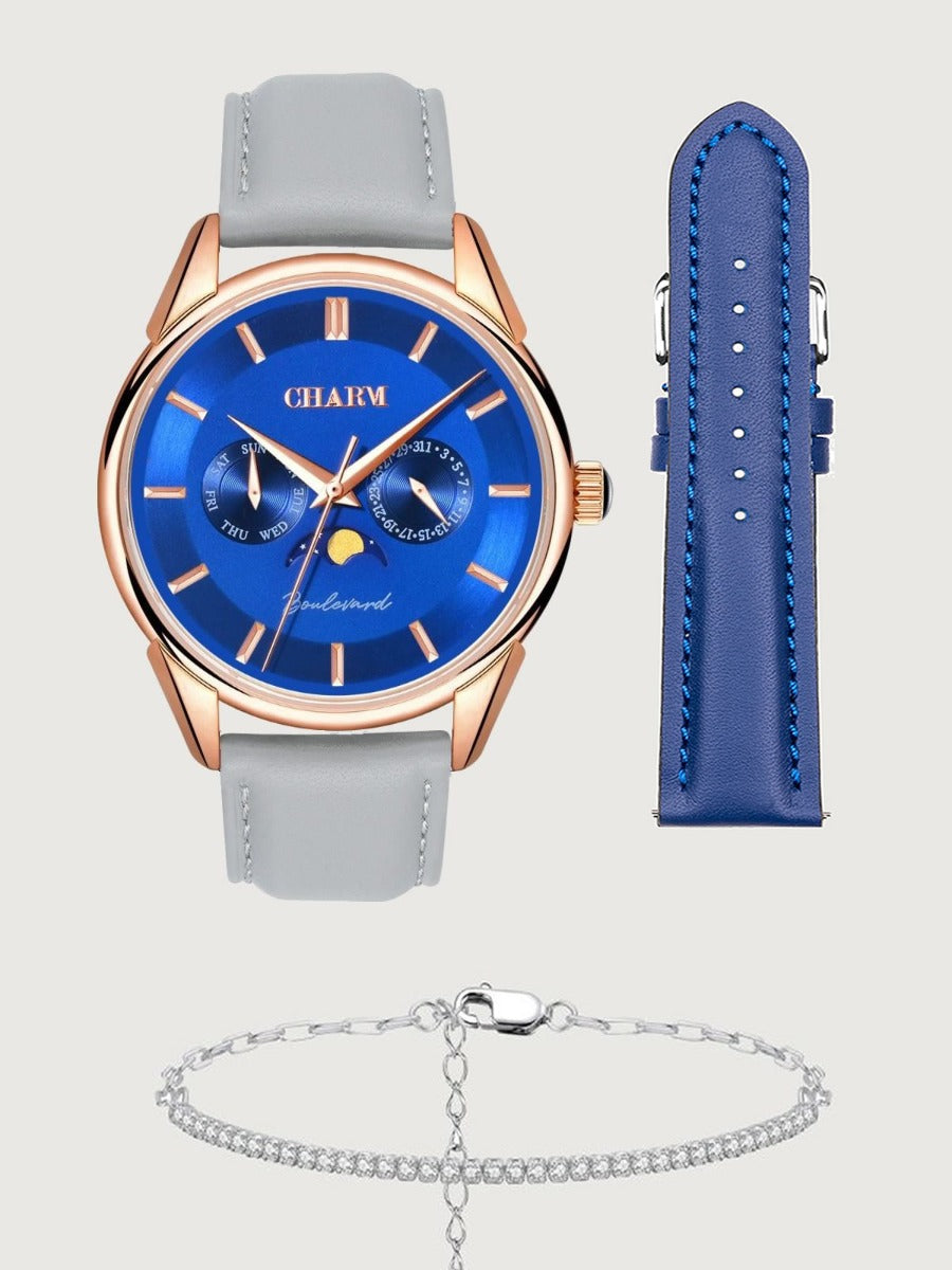 Set Unisex: Ceas Boulevard Primaverii Grey + Curea de piele Albastra