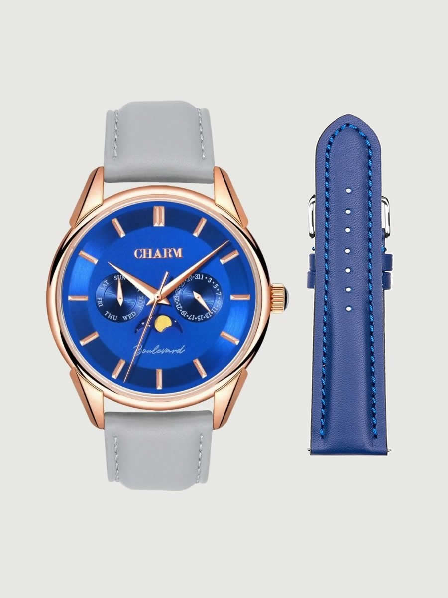 Set Unisex: Ceas Boulevard Primaverii Grey + Curea de piele Albastra