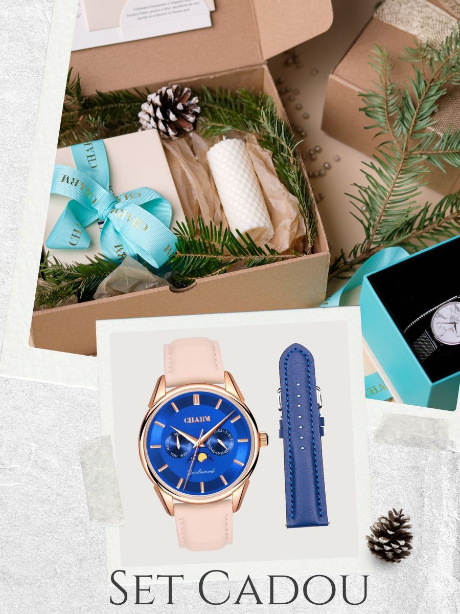 Set Unisex : Ceas Boulevard Primaverii Nude Rose + Curea de piele Albastra