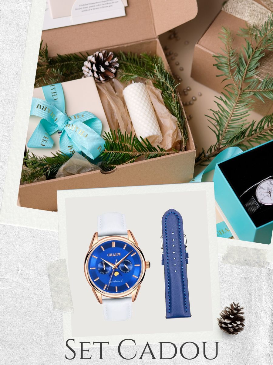 Set Unisex: Ceas Boulevard Primaverii White + Curea de piele Albastra