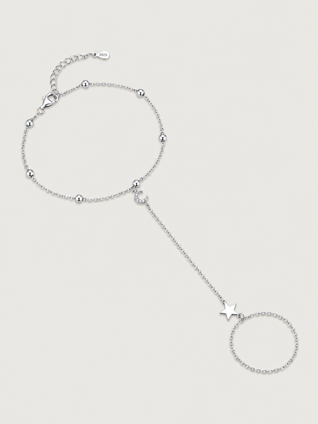 Brățară din argint 925 cu lună și stea tip hand chain Celestial Moon & Star