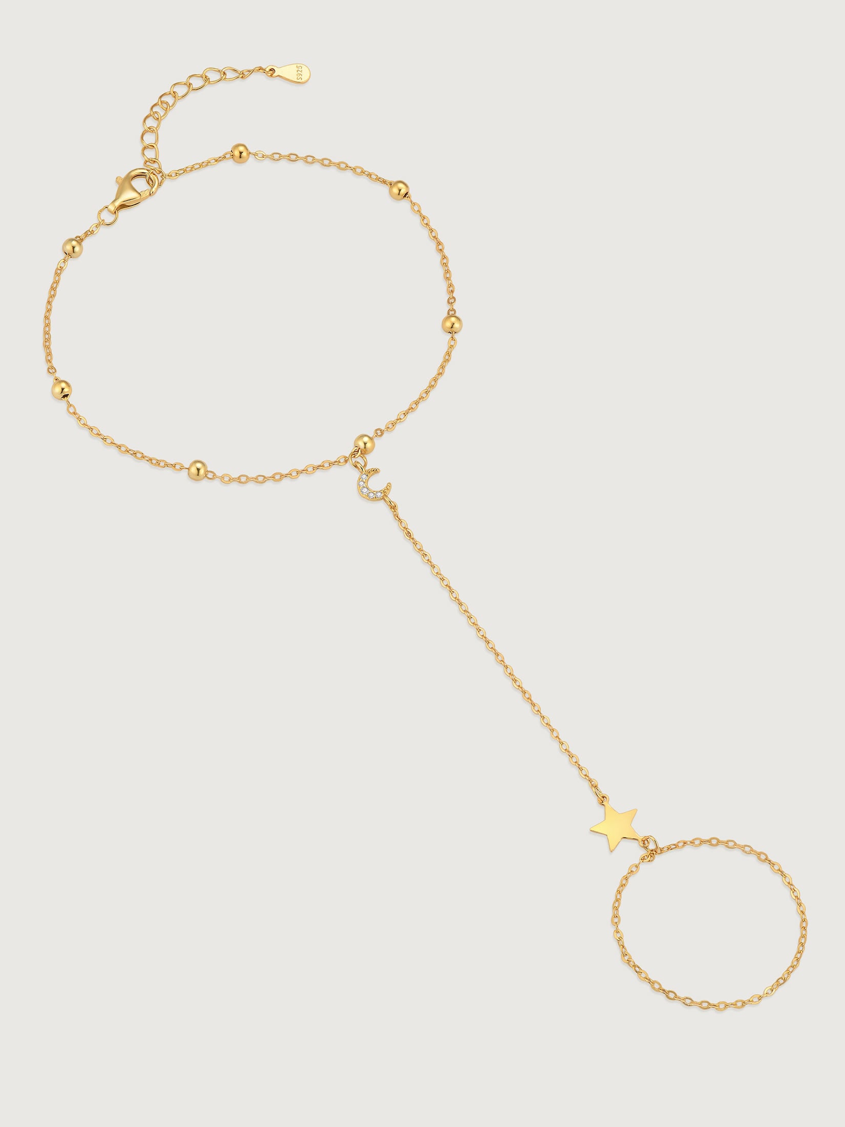 Brățară din argint 925 placată cu aur cu lună și stea tip hand chain