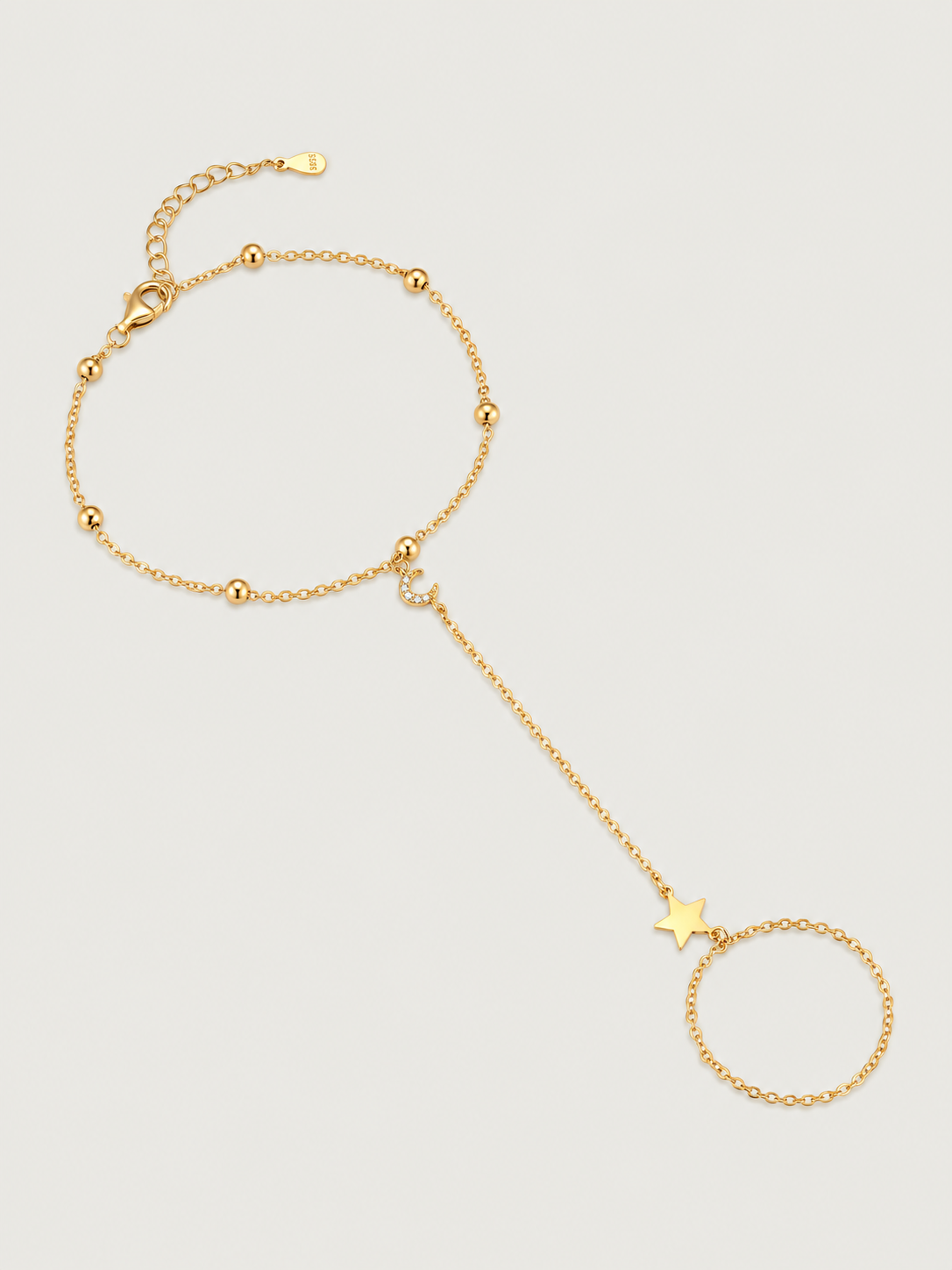 Brățară din argint 925 placată cu aur cu lună și stea tip hand chain