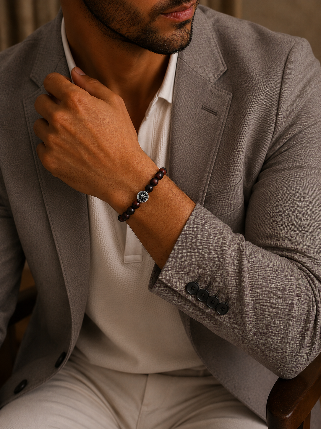 Bratara din argint cu red tiger eye si onix mat pentru barbati model Ember Compass la mana