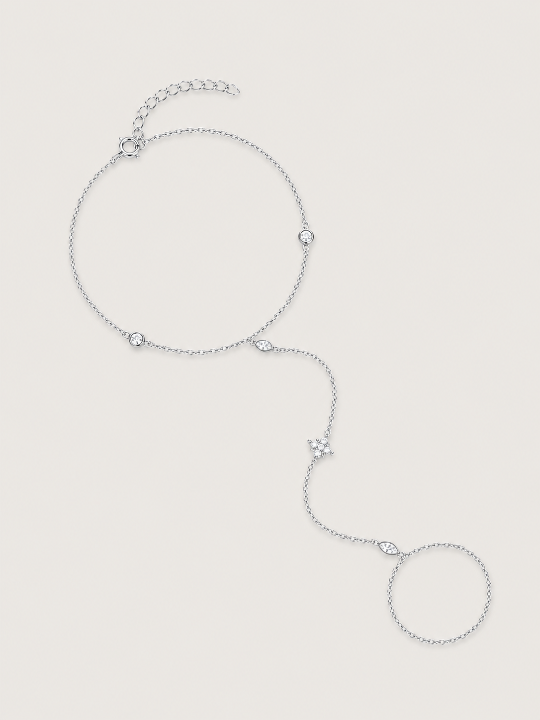 Brățară hand chain argintie cu floare și zirconii