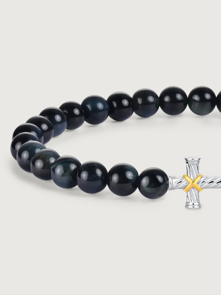 Detaliu bratara blue tiger eye cu cruce argint 925