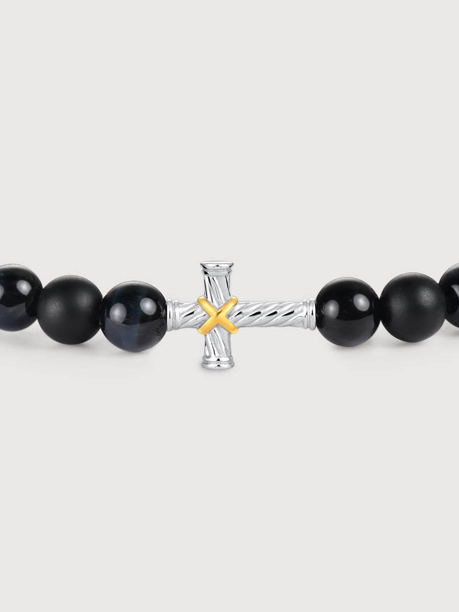 Bratara barbati din argint cu blue tiger eye si onix ideala pentru cadou