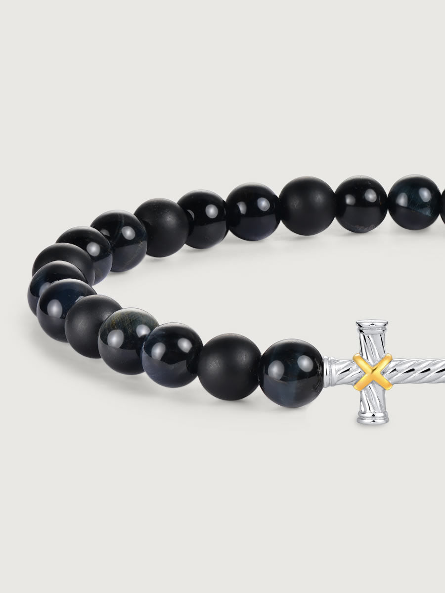 Detaliu bratara blue tiger eye si onix cu cruce argint 925