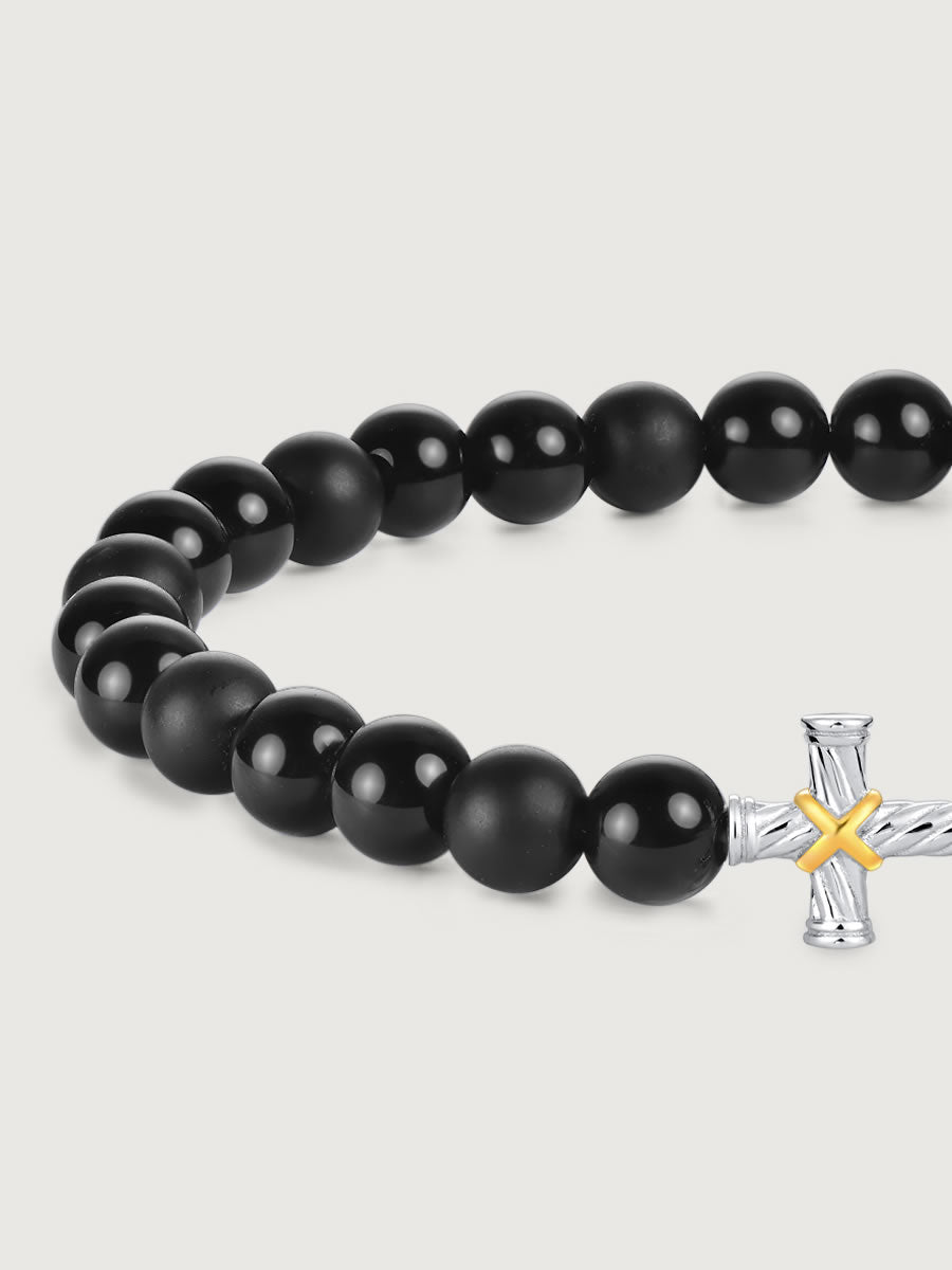 Detaliu bratara onix lucios si mat cu cruce argint 925