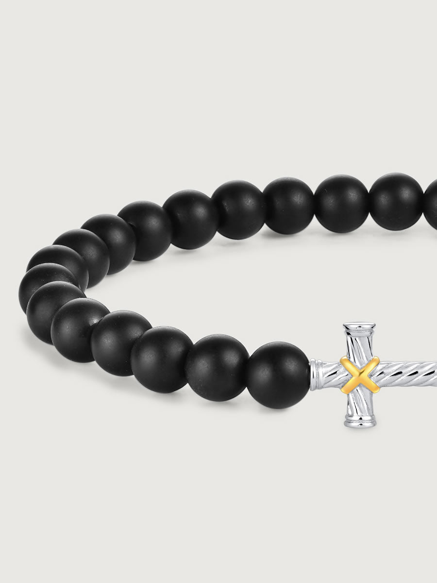 Detaliu bratara onix negru cu cruce argint 925