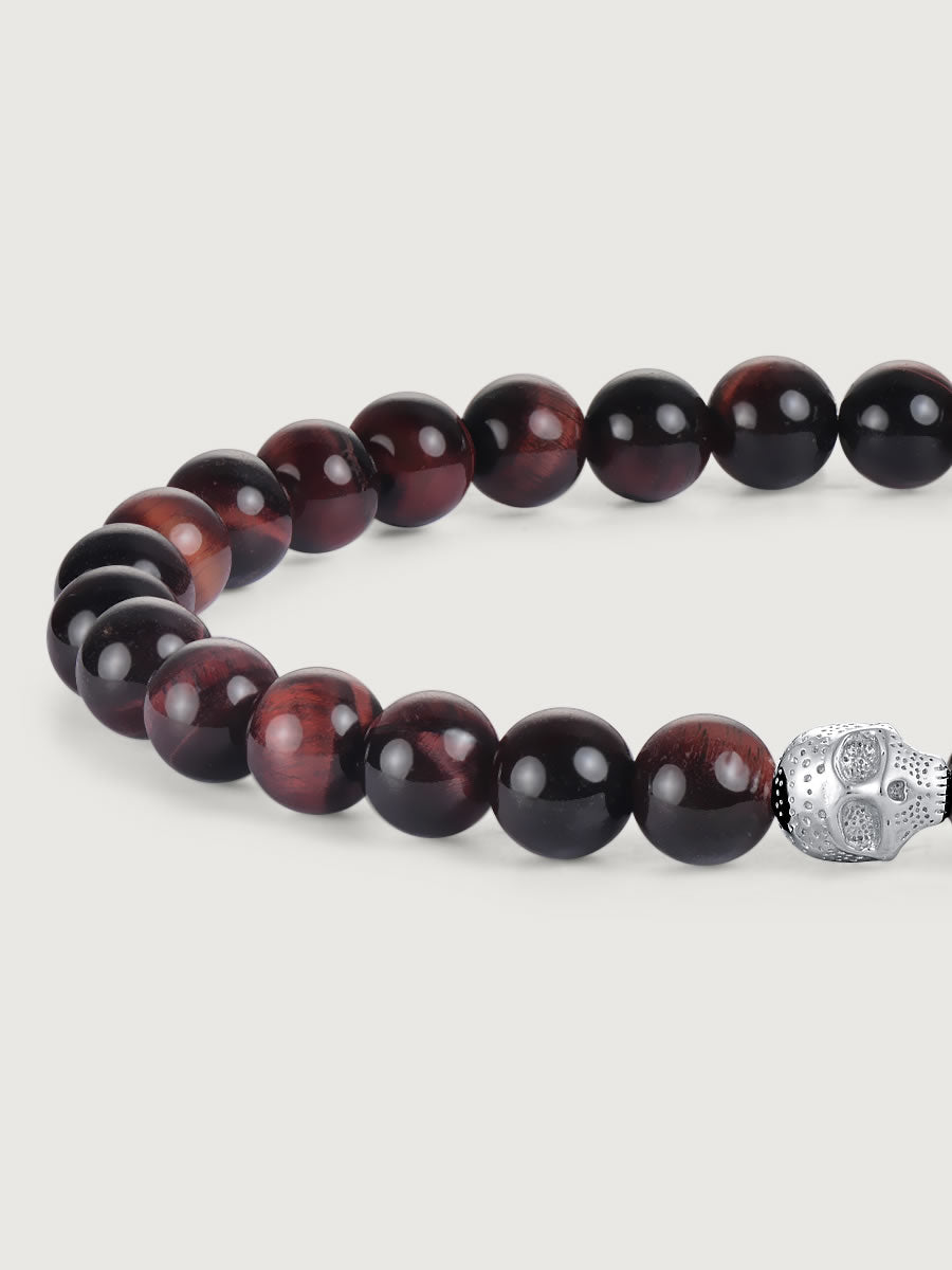 Detaliu bratara red tiger eye cu craniu argint 925