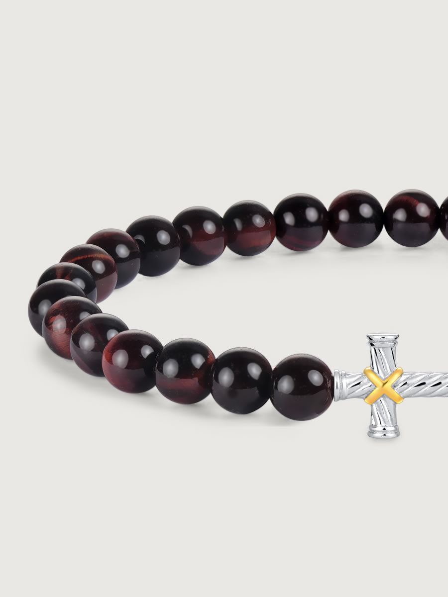 Detaliu bratara red tiger eye cu cruce argint 925
