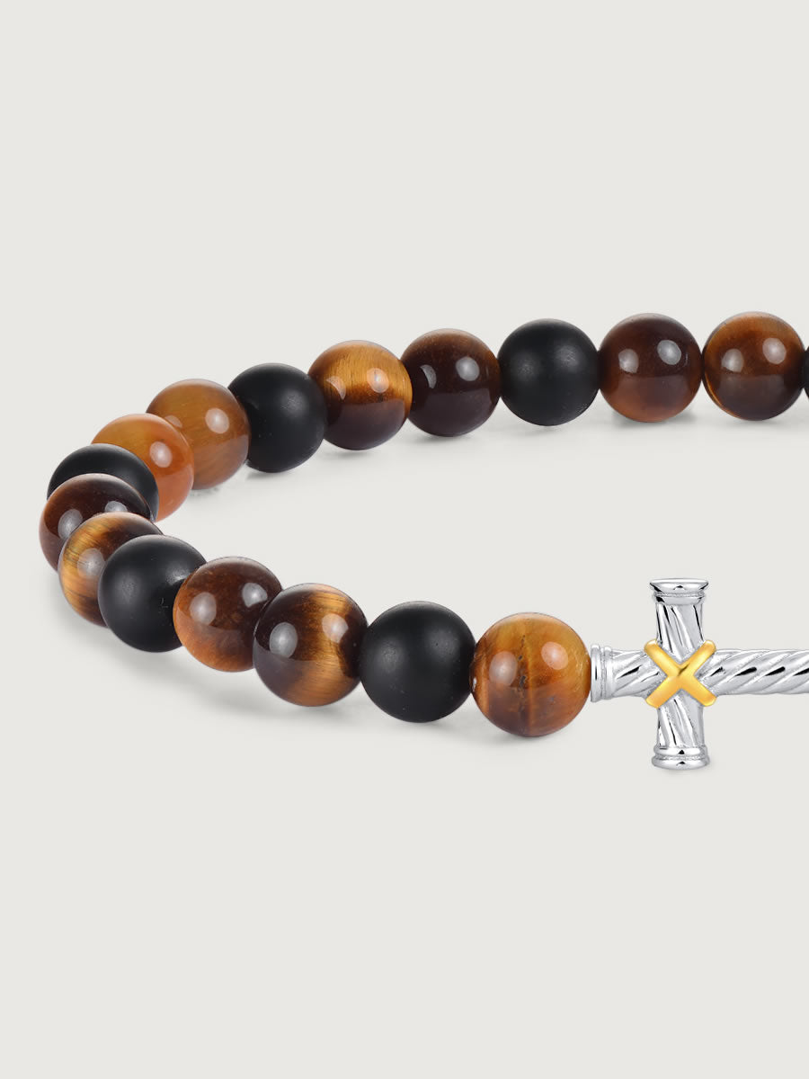 Detaliu bratara tiger eye si onix cu cruce din argint 925