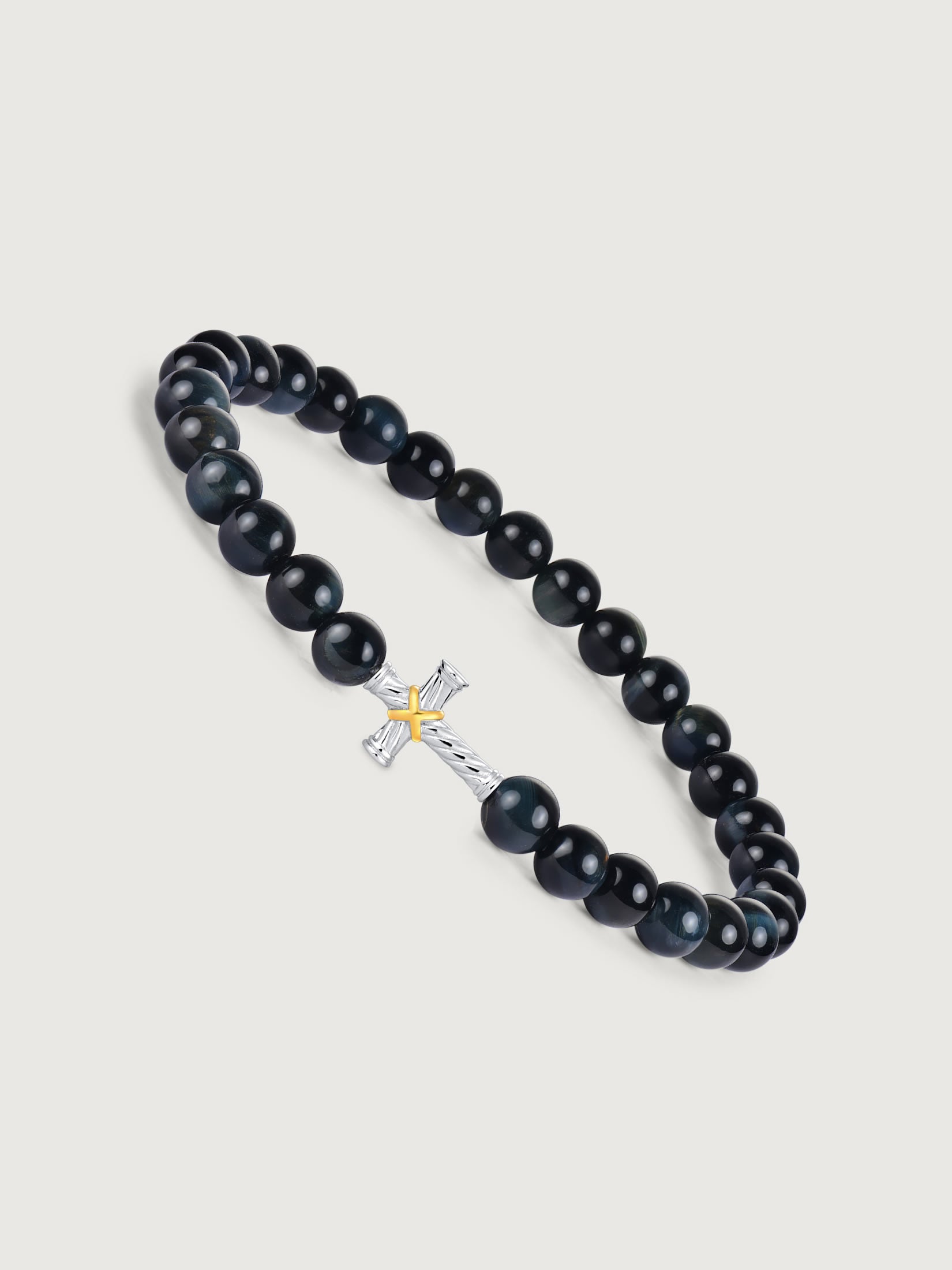 Bratara barbati cu pietre blue tiger eye si element cruce din argint