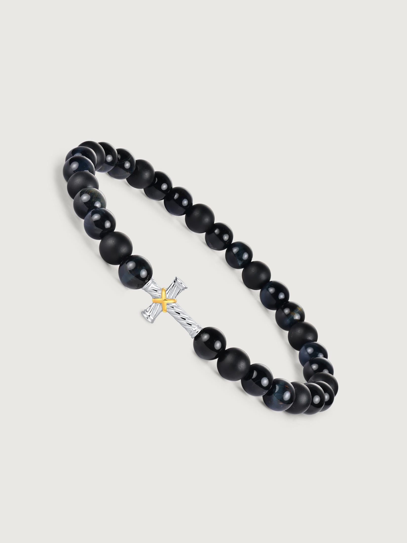 Bratara barbati cu pietre blue tiger eye si onix si element cruce