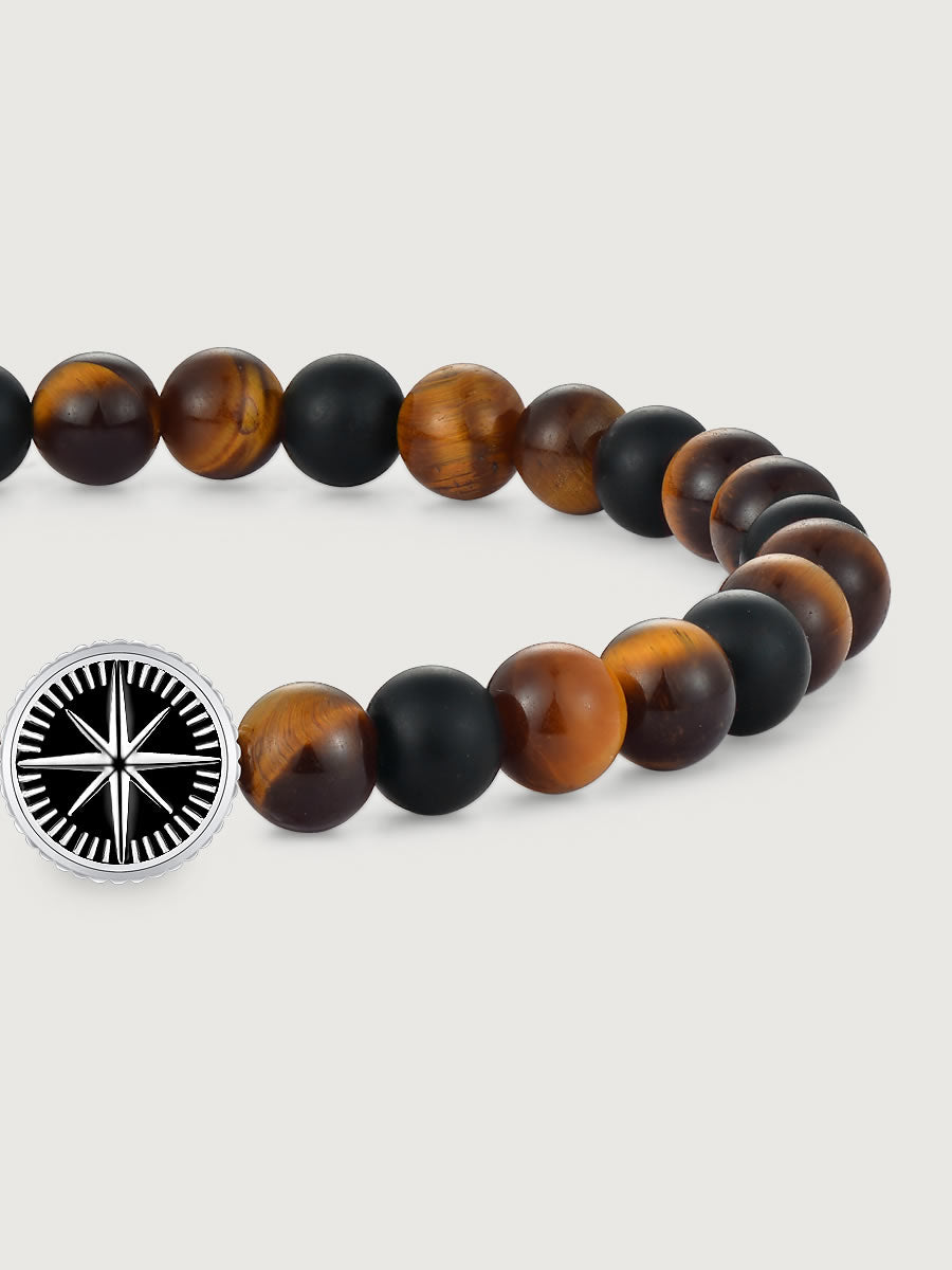 Element compass din argint 925 pe bratara cu tiger eye si onix